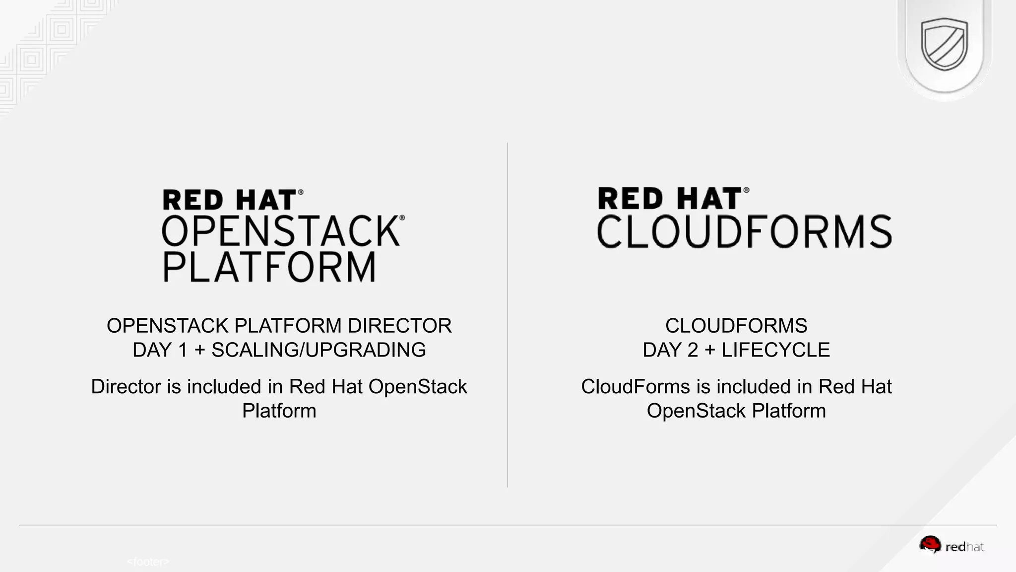 <footer> OPENSTACK PLATFORM DIRECTOR DAY 1 + SCALING/UPGRADING Director is included in Red Hat OpenStack Platform CLOUDFORMS DAY 2 + LIFECYCLE CloudForms is included in Red Hat OpenStack Platform 