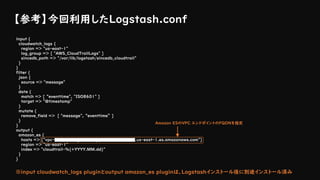 【参考】今回利用したLogstash.conf
input {
cloudwatch_logs {
region => "us-east-1"
log_group => [ "AWS_CloudTrailLogs" ]
sincedb_path => "/var/lib/logstash/sincedb_cloudtrail"
}
}
filter {
json {
source => "message"
}
date {
match => [ “eventtime", "ISO8601" ]
target => "@timestamp"
}
mutate {
remove_field => [ "message", “eventtime” ]
}
}
output {
amazon_es {
hosts => ["vpc-secfsx-wl2gm3d7lwjqw3l2ecb2tl24am.us-east-1.es.amazonaws.com"]
region => "us-east-1"
index => "cloudtrail-%{+YYYY.MM.dd}"
}
}
Amazon ESのVPC エンドポイントのFQDNを指定
※input cloudwatch_logs pluginとoutput amazon_es pluginは、Logstashインストール後に別途インストール済み
 