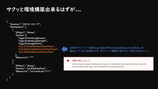 サクッと環境構築出来るはずが...
{
"Version": "2012-10-17",
"Statement": [
{
"Effect": "Allow",
"Action":[
"logs:CreateLogGroup",
"logs:CreateLogStream",
"logs:PutLogEvents",
"ec2:CreateNetworkInterface",
"ec2:DescribeNetworkInterfaces",
"ec2:DeleteNetworkInterface“
],
"Resource": "*“
},
{
"Effect": "Allow",
"Action": "es:ESHttpPost",
"Resource": "arn:aws:es:*:*:*“
}
]
}
IAMポリシーに「AWSLambdaVPCAccessExecutionRole」を
追加しているにも関わらず、ポリシーに権限が足りないと怒られるという...
 