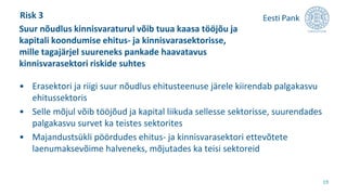 • Erasektori ja riigi suur nõudlus ehitusteenuse järele kiirendab palgakasvu
ehitussektoris
• Selle mõjul võib tööjõud ja kapital liikuda sellesse sektorisse, suurendades
palgakasvu survet ka teistes sektorites
• Majandustsükli pöördudes ehitus- ja kinnisvarasektori ettevõtete
laenumaksevõime halveneks, mõjutades ka teisi sektoreid
Suur nõudlus kinnisvaraturul võib tuua kaasa tööjõu ja
kapitali koondumise ehitus- ja kinnisvarasektorisse,
mille tagajärjel suureneks pankade haavatavus
kinnisvarasektori riskide suhtes
19
Risk 3
 