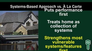 Systems-Based Approach vs. À La Carte
Puts performance
first
Treats home as
collection of
systems
Strengthens most
vulnerable
systems/features
 