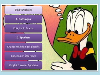 Plan für heute:


       1. Gattungen


     Epik, Lyrik, Drama


        2. Epochen


Chancen/Risiken des Begriffs


   Epochen im Überblick


 Vergleich zweier Epochen
 