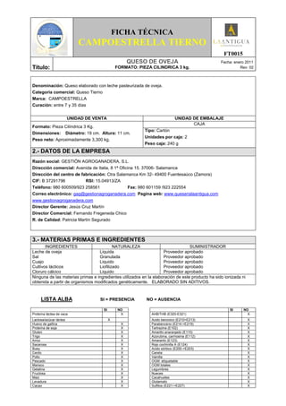 FICHA TÉCNICA
                            CAMPOESTRELLA TIERNO
                                                                                                   FT0015
                                                    QUESO DE OVEJA                                Fecha: enero 2011
Título:                                       FORMATO: PIEZA CILINDRICA 3 kg.                               Rev: 02



Denominación: Queso elaborado con leche pasteurizada de oveja.
Categoría comercial: Queso Tierno
Marca: CAMPOESTRELLA
Curación: entre 7 y 35 días


                        UNIDAD DE VENTA                                     UNIDAD DE EMBALAJE
                                                                                   CAJA
Formato: Pieza Cilíndrica 3 Kg.
                                                          Tipo: Cartón
Dimensiones: Diámetro: 19 cm. Altura: 11 cm.
                                                          Unidades por caja: 2
Peso neto: Aproximadamente 3,300 kg.
                                                          Peso caja: 240 g
2.- DATOS DE LA EMPRESA
Razón social: GESTIÓN AGROGANADERA, S.L.
Dirección comercial: Avenida de Italia, 8 1ª Oficina 15. 37006- Salamanca
Dirección del centro de fabricación: Ctra Salamanca Km 32- 49400 Fuentesaúco (Zamora)
CIF: B 37291796           RSI: 15.04913/ZA
Teléfono: 980 600509/923 258561                   Fax: 980 601159 /923 222554
Correo electrónico: gag@gestionagroganadera.com Pagina web: www.queserialaantigua.com
www.gestionagroganadera.com
Director Gerente: Jesús Cruz Martín
Director Comercial: Fernando Fregeneda Chico
R. de Calidad: Patricia Martín Segurado



3.- MATERIAS PRIMAS E INGREDIENTES
       INGREDIENTES                       NATURALEZA                              SUMINISTRADOR
Leche de oveja                    Liquida                           Proveedor aprobado
Sal                               Granulada                         Proveedor aprobado
Cuajo                             Liquido                           Proveedor aprobado
Cultivos lácticos                 Liofilizado                       Proveedor aprobado
Cloruro cálcico                   Liquido                           Proveedor aprobado
Ninguna de las materias primas e ingredientes utilizados en la elaboración de este producto ha sido ionizada ni
obtenida a partir de organismos modificados genéticamente. ELABORADO SIN ADITIVOS.



     LISTA ALBA                     SI = PRESENCIA         NO = AUSENCIA

                                     SI        NO                                                     SI      NO
Proteína láctea de vaca                         X             AHB/THB (E320-E321)                               X
Lactosa/azúcar láctea                     X                   Acido benzoico (E210>E213)                          X
Huevo de gallina                                X             Parabenceno (E214->E219)                            X
Proteína de soja                                X             Tartrazina (E102)                                   X
Gluten                                          X             Amarillo anaranjado (E110)                          X
Trigo                                           X             Azorubina, carmosina (E112)                         X
Arroz                                           X             Amaranto (E123)                                     X
Sacarosa                                        X             Rojo cochinilla A (E124)                            X
Buey                                            X             Acido sórbico (E200->E203)                          X
Cerdo                                           X             Canela                                              X
Pollo                                           X             Vainilla                                            X
Pescado                                         X             OGM etiquetable                                     X
Marisco                                         X             OGM totales                                         X
Gelatina                                        X             Legumbres                                           X
Fructosa                                        X             Nueces                                              X
Maiz                                            X             Cacahuetes                                          X
Levadura                                        X             Glutamato                                           X
Cacao                                           X             Sulfitos (E221->E227)                               X
 