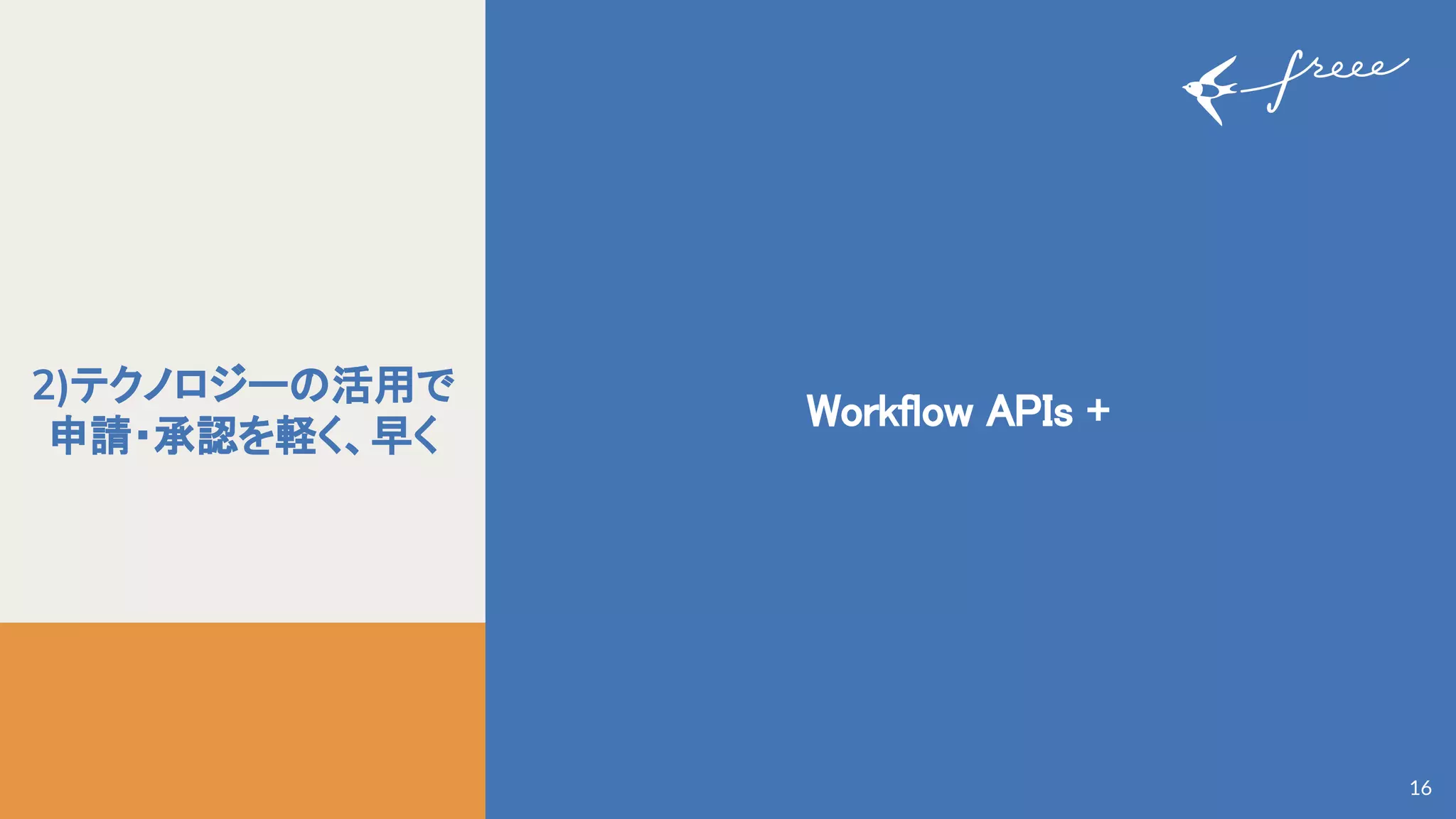 16
2)テクノロジーの活用で
申請・承認を軽く、早く
Workflow APIs + 
 