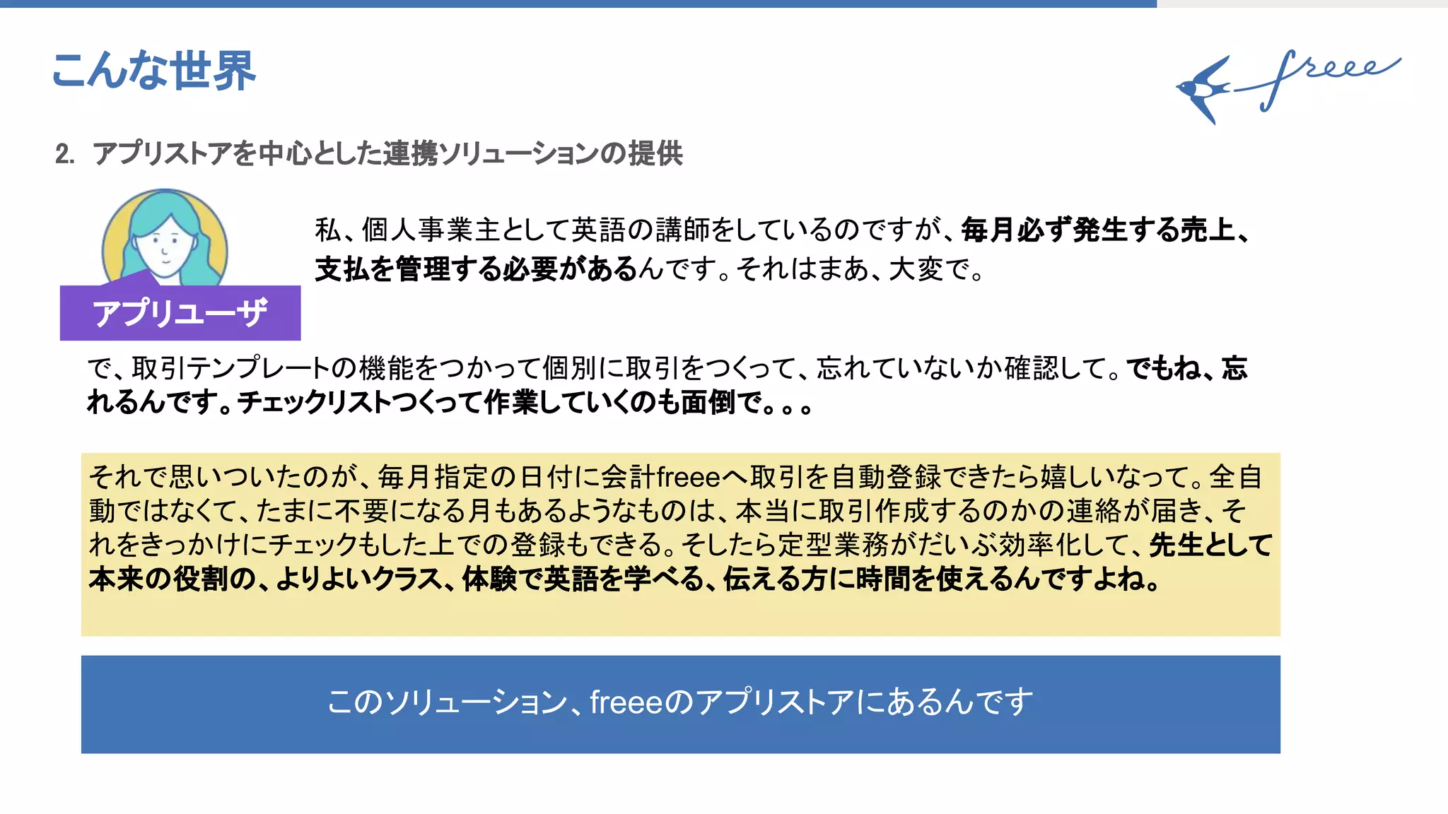 2. アプリストアを中心とした連携ソリューションの提供 
こんな世界 
私、個人事業主として英語の講師をしているのですが、毎月必ず発生する売上、
支払を管理する必要があるんです。それはまあ、大変で。 
で、取引テンプレートの機能をつかって個別に取引をつくって、忘れていないか確認して。でもね、忘
れるんです。チェックリストつくって作業していくのも面倒で。。。 
それで思いついたのが、毎月指定の日付に会計freeeへ取引を自動登録できたら嬉しいなって。全自
動ではなくて、たまに不要になる月もあるようなものは、本当に取引作成するのかの連絡が届き、そ
れをきっかけにチェックもした上での登録もできる。そしたら定型業務がだいぶ効率化して、先生として
本来の役割の、よりよいクラス、体験で英語を学べる、伝える方に時間を使えるんですよね。
このソリューション、freeeのアプリストアにあるんです
アプリユーザ
 