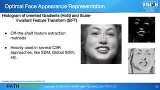 Copyright © 2018 PATHPARTNER TECHNOLOGY PVT LTD 30
● Off-the-shelf feature extraction
methods
● Heavily used in several CSR
approaches, like SDM, Global SDM,
etc.
Optimal Face Appearance Representation
Courtesy: https://ibug.doc.ic.ac.uk/resources/300-VW/
Histogram of oriented Gradients (HoG) and Scale-
Invariant Feature Transform (SIFT)
 