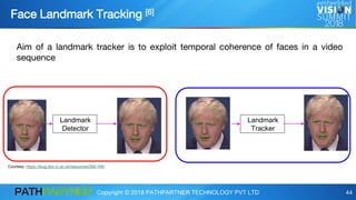 Copyright © 2018 PATHPARTNER TECHNOLOGY PVT LTD 44
Face Landmark Tracking [6]
Aim of a landmark tracker is to exploit temporal coherence of faces in a video
sequence
Landmark
Detector
Landmark
Tracker
Courtesy: https://ibug.doc.ic.ac.uk/resources/300-VW/
 