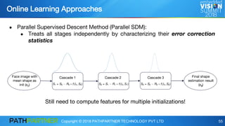 Copyright © 2018 PATHPARTNER TECHNOLOGY PVT LTD 55
Online Learning Approaches
● Parallel Supervised Descent Method (Parallel SDM):
● Treats all stages independently by characterizing their error correction
statistics
Face image with
mean shape as
init (s0)
Cascade 1 Cascade 2 Cascade 3 Final shape
estimation result
(s3)
Still need to compute features for multiple initializations!
 