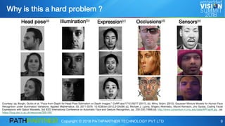 Copyright © 2018 PATHPARTNER TECHNOLOGY PVT LTD 9
Why is this a hard problem ?
Head pose(a) Occlusions(d)Illumination(b)
Expression(c) Sensors(e)
Courtesy: (a). Borghi, Guido et al. “Face-from-Depth for Head Pose Estimation on Depth Images.” CoRR abs/1712.05277 (2017), (b). Mitra, Sinjini. (2012). Gaussian Mixture Models for Human Face
Recognition under Illumination Variations. Applied Mathematics. 03. 2071-2079. 10.4236/am.2012.312A286 (c). Michael J. Lyons, Shigeru Akemastu, Miyuki Kamachi, Jiro Gyoba, Coding Facial
Expressions with Gabor Wavelets, 3rd IEEE International Conference on Automatic Face and Gesture Recognition, pp. 200-205 (1998) (d). http://www.consortium.ri.cmu.edu/data/APF/apf4.jpg , (e).
https://ibug.doc.ic.ac.uk/resources/300-VW/
 