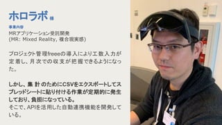 プロジェクト管理freeeの導入により工数入力が
定 着し、月 次での収 支が把 握できるようになっ
た。
しかし、 集 計 のためにCSVをエクスポートしてス
プレッドシートに貼り付ける作業が定期的に発生
しており、負担になっている。
そこで、APIを活用した自動連携機能を開発して
いる。
ホロラボ様　
事業内容
MRアプリケーション受託開発
(MR: Mixed Reality, 複合現実感)
 