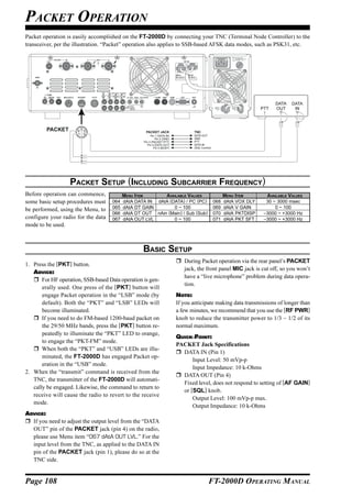 PACKET OPERATION
Packet operation is easily accomplished on the FT-2000D by connecting your TNC (Terminal Node Controller) to the
transceiver, per the illustration. “Packet” operation also applies to SSB-based AFSK data modes, such as PSK31, etc.




                                                                                                                            DATA   DATA
                                                                                                                      PTT   OUT     IN



         PACKET        ②
                      ④ ⑤                           PACKET JACK                  TNC
                      ① ③
                                                        Pin 1 (DATA IN)          DATA OUT
                                                            Pin 2 (GND)          GND
                                                   Pin 3 (PACKET PTT)            PTT
                                                      Pin 4 (DATA OUT)           DATA IN
                                                           Pin 5 (BUSY)          (SQL Control)




                   PACKET SETUP (INCLUDING SUBCARRIER FREQUENCY)
Before operation can commence,             MENU ITEM       AVAILABLE VALUES                            MENU ITEM        AVAILABLE VALUES
some basic setup procedures must     064   dAtA DATA IN dAtA (DATA) / PC (PC)                    068   dAtA VOX DLY     30 ~ 3000 msec
be performed, using the Menu, to     065   dAtA DT GAIN        0 ~ 100                           069   dAtA V GAIN          0 ~ 100
                                     066   dAtA DT OUT nAin (Main) / Sub (Sub)                   070   dAtA PKTDISP    –3000 ~ +3000 Hz
configure your radio for the data    067   dAtA OUT LVL        0 ~ 100                           071   dAtA PKT SFT    –3000 ~ +3000 Hz
mode to be used.



                                                   BASIC SETUP
                                                                             During Packet operation via the rear panel’s PACKET
1. Press the [PKT] button.
                                                                             jack, the front panel MIC jack is cut off, so you won’t
   ADVICE:
                                                                             have a “live microphone” problem during data opera-
       For HF operation, SSB-based Data operation is gen-
                                                                             tion.
       erally used. One press of the [PKT] button will
       engage Packet operation in the “LSB” mode (by                      NOTE:
       default). Both the “PKT” and “LSB” LEDs will                       If you anticipate making data transmissions of longer than
       become illuminated.                                                a few minutes, we recommend that you use the [RF PWR]
       If you need to do FM-based 1200-baud packet on                     knob to reduce the transmitter power to 1/3 ~ 1/2 of its
       the 29/50 MHz bands, press the [PKT] button re-                    normal maximum.
       peatedly to illuminate the “PKT” LED to orange,
                                                                          QUICK POINT:
       to engage the “PKT-FM” mode.
                                                                          PACKET Jack Specifications
       When both the “PKT” and “USB” LEDs are illu-
                                                                            DATA IN (Pin 1)
       minated, the FT-2000D has engaged Packet op-
                                                                                Input Level: 50 mVp-p
       eration in the “USB” mode.
                                                                                Input Impedance: 10 k-Ohms
2. When the “transmit” command is received from the
                                                                            DATA OUT (Pin 4)
   TNC, the transmitter of the FT-2000D will automati-
                                                                            Fixed level, does not respond to setting of [AF GAIN]
   cally be engaged. Likewise, the command to return to
                                                                            or [SQL] knob.
   receive will cause the radio to revert to the receive
                                                                                Output Level: 100 mVp-p max.
   mode.
                                                                                Output Impedance: 10 k-Ohms
ADVICE:
  If you need to adjust the output level from the “DATA
  OUT” pin of the PACKET jack (pin 4) on the radio,
  please use Menu item “067 dAtA OUT LVL.” For the
  input level from the TNC, as applied to the DATA IN
  pin of the PACKET jack (pin 1), please do so at the
  TNC side.


Page 108                                                                                   FT-2000D OPERATING MANUAL
 