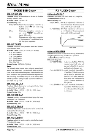 MENU MODE
            MODE-SSB GROUP                                                   RX AUDIO GROUP
082 J3E MIC SEL                                                 088 rout AGC SLP
Function: Selects the microphone to be used on the SSB          Function: Selects the gain curve of the AGC amplifier.
modes (LSB and USB).                                            Available Values: nor/SLP
Available Values: Frnt/dAtA/PC                                  Default Setting: nor
Default Setting: Frnt                                              nor (NORMAL): The AGC output level will follow a
   Frnt (FRONT): Selects the microphone connected to                                 linear response to the antenna input
                   the front panel’s MIC jack while using                            level, while AGC is activated.
                   the SSB modes.                                  SLP (SLOPED): The AGC output level will increase
   dAtA:           Selects the microphone connected to                               at 1/10 the rate of the antenna input
                   pin 1 of the PACKET Jack while us-                                level, while AGC is activated.
                   ing the SSB modes.                                                                                SLOPE
   PC:             This parameter is for future expansion




                                                                                    Audio Output
                   of this transceiver’s capabilities, but at
                                                                                                                   NORMAL
                   this time is not supported.
083 J3E TX BPF
Function: Selects the audio passband of the DSP modula-
                                                                                                    Input Signal
tor on the SSB mode.
Available Values: 1-30/1-29/2-28/3-27/4-26/3000
                                                                089 rout HEADPHN
    1-30: 50-3000(Hz)
                                                                Function: Selects one of three audio mixing modes when
    1-29: 100-2900(Hz)
    2-28: 200-2800(Hz)                                          using headphones during Dual Receive operation.
    3-27: 300-2700(Hz)                                          Available Values: SEP/Con1/Con2
    4-26: 400-2600(Hz)                                          Default Setting: SEP
    3000: 3000WB                                                    SEP (SEPARATE): Audio from the Main (VFO-A)
Default Setting: 3-27 (300-2700 Hz)                                                       receiver is heard only in the left
NOTE:                                                                                     ear, and Sub (VFO-B) receiver
The apparent power output, when using the widest band-                                    audio solely in the right ear.
widths, may seem lower. This is normal, and it occurs be-           Con1 (COMBINE 1): Audio from both Main (VFO-
cause the available transmitter power is distributed over a                               A) and Sub (VFO-B) receivers
wider bandwidth. The greatest compression of power out-                                   can be heard in both ears, but
put, conversely, occurs when using the “4-26” setting (400-                               Sub (VFO-B) audio is attenu-
2600 Hz), and this setting is highly recommended for con-                                 ated in the left ear and Main
test or DX pile-up work.                                                                  (VFO-A) audio is attenuated in
                                                                                          the right ear.
084 J3E LSB CAR                                                     Con2 (COMBINE 2): Audio from both Main (VFO-
Function: Adjusts the receiver carrier point for the Main
                                                                                          A) and Sub (VFO-B) receivers
band’s (VFO-A) LSB mode.
                                                                                          is combined and heard equally
Available Values: –200 Hz ~ +200 Hz (10 Hz steps)
                                                                                          in both ears.
Default Setting: 0 Hz
085 J3E USB CAR
Function: Adjusts the receiver carrier point for Main
band’s (VFO-A) USB mode.
Available Values: –200 Hz ~ +200 Hz (10 Hz/step)
Default Setting: 0 Hz
086 J3E SLSB CR
Function: Adjusts the receiver carrier point for the Sub
band’s (VFO-B) LSB mode.
Available Values: –200 Hz ~ +200 Hz (10 Hz/step)
Default Setting: 0 Hz
087 J3E SUSB CR
Function: Adjusts the receiver carrier point for Sub band’s
(VFO-B) USB mode.
Available Values: –200 Hz ~ +200 Hz (10 Hz/step)
Default Setting: 0 Hz

Page 124                                                                      FT-2000D OPERATING MANUAL
 