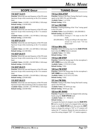 MENU MODE
               SCOPE GROUP                                                 TUNING GROUP
110 SCP 14.0 FI                                              116 tun DIALSTEP
Function: Selects the scan start frequency of the FIX mode   Function: Setting of the Main Tuning Dial knob’s tuning
Spectrum Scope while monitoring on the 20 m amateur          speed on the SSB, CW, and AM modes.
band.                                                        Available Values: 1 or 10 Hz
Available Values: (1)4.000 - (1)4.349 MHz (1 kHz/step)       Default Setting: 10 Hz
Default Setting: (1)4.000 MHz
                                                             117 tun CW FINE
111 SCP 18.0 FI                                              Function: Enabling/disabling of the “Fine” tuning speed
Function: Selects the scan start frequency of the FIX mode   in the CW mode.
Spectrum Scope while monitoring on the 17 m amateur          Available Values: EnA (ENABLE) / diS (DISABLE)
band.                                                        Default Setting: diS (DISABLE)
Available Values: (1)8.000 - (1)8.199 MHz (1 kHz/step)           EnA (ENABLE): Tuning in 1 Hz steps on the CW
Default Setting: (1)8.068 MHz                                                     mode.
                                                                 diS (DISABLE): Tuning according to the steps deter-
112 SCP 21.0 FI
                                                                                  mined via menu item “116 tun
Function: Selects the scan start frequency of the FIX mode
                                                                                  DIALSTEP.”
Spectrum Scope while monitoring on the 15 m amateur
band.                                                        118 tun MHz SEL
Available Values: (2)1.000 - (2)1.449 MHz (1 kHz/step)       Function: Selects the tuning steps for the [SUB VFO-B]
Default Setting: (2)1.000 MHz                                knob when the [MHz] button is pressed.
                                                             Available Values: 1/0.1 MHz
113 SCP 24.8 FI
                                                             Default Setting: 1 MHz
Function: Selects the scan start frequency of the FIX mode
Spectrum Scope while monitoring on the 12 m amateur          119 tun AM STEP
band.                                                        Function: Selects the tuning steps for the microphone’s
Available Values: (2)4.800 - (2)4.989 MHz (1 kHz/step)       [UP]/[DWN] keys in the AM mode.
Default Setting: (2)4.890 MHz                                Available Values: 2.5/5/9/10/12.5 kHz
                                                             Default Setting: 5 kHz
114 SCP 28.0 FI
Function: Selects the scan start frequency of the FIX mode   120 tun FM STEP
Spectrum Scope while monitoring on the 10 m amateur          Function: Selects the tuning steps for the microphone’s
band.                                                        [UP]/[DWN] keys in the FM mode.
Available Values: (2)8.000 - (2)9.699 MHz (1 kHz/step)       Available Values: 5/6.25/10/12.5/25 kHz
Default Setting: (2)8.000 MHz                                Default Setting: 5 kHz
115 SCP 50.0 FI                                              121 tun FM DIAL
Function: Selects the scan start frequency of the FIX mode   Function: Setting of the Main Tuning Dial knob’s tuning
Spectrum Scope while monitoring on the 6 m amateur band.     speed in the FM mode.
Available Values: (5)0.000 - (5)3.999 MHz (1 kHz/step)       Available Values: 10/100 Hz per step
Default Setting: (5)0.000 MHz                                Default Setting: 100 Hz per step
                                                             122 tun MY BAND
                                                             Function: Programs a band to be skipped while selecting
                                                             bands using the [SUB VFO-B] knob.
                                                             Available Values: 1.8 ~ 50/GE/AU
                                                             Default Setting: ---
                                                             To program the band to be skipped, rotate the [SUB VFO-
                                                             B] knob to recall the band to be skipped while selecting
                                                             bands via the [SUB VFO-B] knob, then press the [ENT]
                                                             button to change this setting to “ON” (a “d” notation will
                                                             replace the “E” notation). Repeat the same procedures to
                                                             cancel the setting (skipped “Off”: “d” notation appears).




FT-2000D OPERATING MANUAL                                                                                Page 127
 