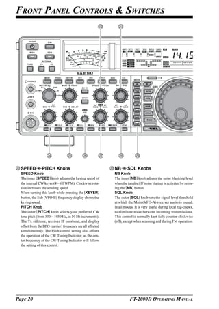 FRONT PANEL CONTROLS & SWITCHES




  SPEED          PITCH Knobs                                 NB       SQL Knobs
  SPEED Knob                                                 NB Knob
  The inner [SPEED] knob adjusts the keying speed of         The inner [NB] knob adjusts the noise blanking level
  the internal CW keyer (4 ~ 60 WPM). Clockwise rota-        when the (analog) IF noise blanker is activated by press-
  tion increases the sending speed.                          ing the [NB] button.
  When turning this knob while pressing the [KEYER]          SQL Knob
  button, the Sub (VFO-B) frequency display shows the        The outer [SQL] knob sets the signal level threshold
  keying speed.                                              at which the Main (VFO-A) receiver audio is muted,
  PITCH Knob                                                 in all modes. It is very useful during local rag-chews,
  The outer [PITCH] knob selects your preferred CW           to eliminate noise between incoming transmissions.
  tone pitch (from 300 ~ 1050 Hz, in 50 Hz increments).      This control is normally kept fully counter-clockwise
  The Tx sidetone, receiver IF passband, and display         (off), except when scanning and during FM operation.
  offset from the BFO (carrier) frequency are all affected
  simultaneously. The Pitch control setting also affects
  the operation of the CW Tuning Indicator, as the cen-
  ter frequency of the CW Tuning Indicator will follow
  the setting of this control.




Page 20                                                                FT-2000D OPERATING MANUAL
 