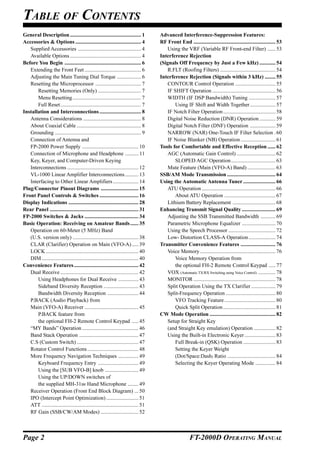 TABLE OF CONTENTS
General Description ..................................................... 1          Advanced Interference-Suppression Features:
Accessories & Options ................................................. 4            RF Front End ............................................................. 53
   Supplied Accessories ............................................... 4                Using the VRF (Variable RF Front-end Filter) ...... 53
   Available Options ..................................................... 4         Interference Rejection
Before You Begin ......................................................... 6         (Signals Off Frequency by Just a Few kHz) ............ 54
   Extending the Front Feet .......................................... 6                 R.FLT (Roofing Filters) ......................................... 54
   Adjusting the Main Tuning Dial Torque .................. 6                        Interference Rejection (Signals within 3 kHz) ........ 55
   Resetting the Microprocessor .................................. 7                     CONTOUR Control Operation .............................. 55
       Resetting Memories (Only) ................................ 7                      IF SHIFT Operation ............................................... 56
       Menu Resetting ................................................... 7              WIDTH (IF DSP Bandwidth) Tuning .................... 57
       Full Reset ............................................................ 7             Using IF Shift and Width Together ................... 57
Installation and Interconnections ............................... 8                      IF Notch Filter Operation ....................................... 58
   Antenna Considerations ........................................... 8                  Digital Noise Reduction (DNR) Operation ............ 59
   About Coaxial Cable ................................................ 8                Digital Notch Filter (DNF) Operation ................... 59
   Grounding ................................................................ 9          NARROW (NAR) One-Touch IF Filter Selection . 60
   Connection of Antenna and                                                             IF Noise Blanker (NB) Operation .......................... 61
   FP-2000 Power Supply .......................................... 10                Tools for Comfortable and Effective Reception ...... 62
   Connection of Microphone and Headphone .......... 11                                  AGC (Automatic Gain Control) ............................. 62
   Key, Keyer, and Computer-Driven Keying                                                    SLOPED AGC Operation ................................. 63
   Interconnections ..................................................... 12             Mute Feature (Main (VFO-A) Band) ..................... 63
   VL-1000 Linear Amplifier Interconnections .......... 13                           SSB/AM Mode Transmission .................................... 64
   Interfacing to Other Linear Amplifiers ................... 14                     Using the Automatic Antenna Tuner ........................ 66
Plug/Connector Pinout Diagrams ............................ 15                           ATU Operation ....................................................... 66
Front Panel Controls & Switches ............................. 16                             About ATU Operation ...................................... 67
Display Indications .................................................... 28              Lithium Battery Replacement ................................ 68
Rear Panel .................................................................. 31     Enhancing Transmit Signal Quality ......................... 69
FP-2000 Switches & Jacks ........................................ 34                     Adjusting the SSB Transmitted Bandwidth ........... 69
Basic Operation: Receiving on Amateur Bands ...... 35                                    Parametric Microphone Equalizer ......................... 70
   Operation on 60-Meter (5 MHz) Band                                                    Using the Speech Processor ................................... 72
   (U.S. version only) ................................................. 38              Low- Distortion CLASS-A Operation .................... 74
   CLAR (Clarifier) Operation on Main (VFO-A) ..... 39                               Transmitter Convenience Features .......................... 76
   LOCK ..................................................................... 40         Voice Memory ........................................................ 76
   DIM ........................................................................ 40           Voice Memory Operation from
Convenience Features ................................................ 42                     the optional FH-2 Remote Control Keypad ..... 77
   Dual Receive .......................................................... 42            VOX (Automatic TX/RX Switching using Voice Control) ............. 78
       Using Headphones for Dual Receive ............... 43                              MONITOR ............................................................. 78
       Sideband Diversity Reception .......................... 43                        Split Operation Using the TX Clarifier .................. 79
       Bandwidth Diversity Reception ....................... 44                          Split-Frequency Operation ..................................... 80
   P.BACK (Audio Playback) from                                                              VFO Tracking Feature ...................................... 80
   Main (VFO-A) Receiver ........................................ 45                         Quick Split Operation ....................................... 81
       P.BACK feature from                                                           CW Mode Operation ................................................. 82
       the optional FH-2 Remote Control Keypad ..... 45                                  Setup for Straight Key
   “MY Bands” Operation .......................................... 46                    (and Straight Key emulation) Operation ................ 82
   Band Stack Operation ............................................ 47                  Using the Built-in Electronic Keyer ....................... 83
   C.S (Custom Switch) .............................................. 47                     Full Break-in (QSK) Operation ........................ 83
   Rotator Control Functions ...................................... 48                       Setting the Keyer Weight
   More Frequency Navigation Techniques ............... 49                                   (Dot/Space:Dash) Ratio .................................... 84
       Keyboard Frequency Entry .............................. 49                            Selecting the Keyer Operating Mode ............... 84
       Using the [SUB VFO-B] knob ......................... 49
       Using the UP/DOWN switches of
       the supplied MH-31B8 Hand Microphone ........ 49
   Receiver Operation (Front End Block Diagram) ... 50
   IPO (Intercept Point Optimization) ........................ 51
   ATT ........................................................................ 51
   RF Gain (SSB/CW/AM Modes) ............................ 52



Page 2                                                                                                 FT-2000D OPERATING MANUAL
 