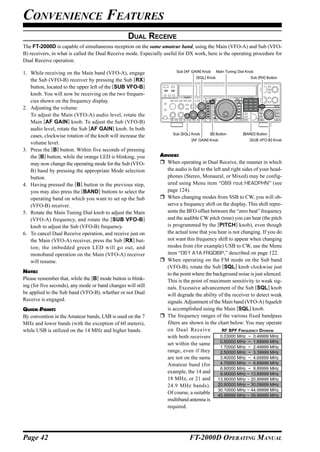 CONVENIENCE FEATURES
                                                  DUAL RECEIVE
The FT-2000D is capable of simultaneous reception on the same amateur band, using the Main (VFO-A) and Sub (VFO-
B) receivers, in what is called the Dual Receive mode. Especially useful for DX work, here is the operating procedure for
Dual Receive operation.

1. While receiving on the Main band (VFO-A), engage                     Sub [AF GAIN] Knob     Main Tuning Dial Knob
                                                                                  [SQL] Knob                      Sub [RX] Button
   the Sub (VFO-B) receiver by pressing the Sub [RX]
   button, located to the upper left of the [SUB VFO-B]
   knob. You will now be receiving on the two frequen-
   cies shown on the frequency display.
2. Adjusting the volume:
   To adjust the Main (VFO-A) audio level, rotate the
   Main [AF GAIN] knob. To adjust the Sub (VFO-B)
   audio level, rotate the Sub [AF GAIN] knob. In both
                                                                      Sub [SQL] Knob     [B] Button           [BAND] Button
   cases, clockwise rotation of the knob will increase the
                                                                               [AF GAIN] Knob                    [SUB VFO-B] Knob
   volume level.
3. Press the [B] button. Within five seconds of pressing
   the [B] button, while the orange LED is blinking, you        ADVICE:
   may now change the operating mode for the Sub (VFO-            When operating in Dual Receive, the manner in which
   B) band by pressing the appropriate Mode selection             the audio is fed to the left and right sides of your head-
   button.                                                        phones (Stereo, Monaural, or Mixed) may be config-
4. Having pressed the [B] button in the previous step,            ured using Menu item “089 rout HEADPHN” (see
   you may also press the [BAND] buttons to select the            page 124).
   operating band on which you want to set up the Sub             When changing modes from SSB to CW, you will ob-
   (VFO-B) receiver.                                              serve a frequency shift on the display. This shift repre-
5. Rotate the Main Tuning Dial knob to adjust the Main            sents the BFO offset between the “zero beat” frequency
   (VFO-A) frequency, and rotate the [SUB VFO-B]                  and the audible CW pitch (tone) you can hear (the pitch
   knob to adjust the Sub (VFO-B) frequency.                      is programmed by the [PITCH] knob), even though
6. To cancel Dual Receive operation, and receive just on          the actual tone that you hear is not changing. If you do
   the Main (VFO-A) receiver, press the Sub [RX] but-             not want this frequency shift to appear when changing
   ton; the imbedded green LED will go out, and                   modes from (for example) USB to CW, use the Menu
   monoband operation on the Main (VFO-A) receiver                item “061 A1A FRQDISP,” described on page 122.
   will resume.                                                   When operating on the FM mode on the Sub band
                                                                  (VFO-B), rotate the Sub [SQL] knob clockwise just
NOTE:                                                             to the point where the background noise is just silenced.
Please remember that, while the [B] mode button is blink-         This is the point of maximum sensitivity to weak sig-
ing (for five seconds), any mode or band changes will still       nals. Excessive advancement of the Sub [SQL] knob
be applied to the Sub band (VFO-B), whether or not Dual           will degrade the ability of the receiver to detect weak
Receive is engaged.                                               signals. Adjustment of the Main band (VFO-A) Squelch
QUICK POINT:                                                      is accomplished using the Main [SQL] knob.
By convention in the Amateur bands, LSB is used on the 7          The frequency ranges of the various fixed bandpass
MHz and lower bands (with the exception of 60 meters),            filters are shown in the chart below. You may operate
while USB is utilized on the 14 MHz and higher bands.             on Dual Receive              RF BPF FREQUENCY DIVISION
                                                                  with both receivers         0.03000 MHz ~ 0.49999 MHz
                                                                                              0.50000 MHz ~ 1.69999 MHz
                                                                  set within the same
                                                                                              1.70000 MHz ~ 2.49999 MHz
                                                                  range, even if they         2.50000 MHz ~ 3.39999 MHz
                                                                  are not on the same         3.40000 MHz ~ 4.69999 MHz
                                                                  Amateur band (for           4.70000 MHz ~ 6.89999 MHz
                                                                                              6.90000 MHz ~ 9.89999 MHz
                                                                  example, the 14 and         9.90000 MHz ~ 13.89999 MHz
                                                                  18 MHz, or 21 and 13.90000 MHz ~ 20.89999 MHz
                                                                  24.9 MHz bands). 20.90000 MHz ~ 30.09999 MHz
                                                                                            30.10000 MHz ~ 44.99999 MHz
                                                                  Of course, a suitable 45.99999 MHz ~ 59.99999 MHz
                                                                  multiband antenna is
                                                                  required.




Page 42                                                                       FT-2000D OPERATING MANUAL
 