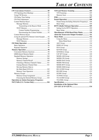 TABLE OF CONTENTS
CW Convenience Features ........................................ 85            VFO and Memory Scanning ................................... 105
   CW Spotting (Zero-Beating) .................................. 85               VFO Scanning ...................................................... 105
   Using CW Reverse ................................................. 86          Memory Scan ....................................................... 106
   CW Delay Time Setting ......................................... 87          PMS ........................................................................... 107
   CW Pitch Adjustment ............................................. 87        Packet Operation ..................................................... 108
   Contest Memory Keyer .......................................... 88             Packet Setup (Including Subcarrier Frequency) .. 108
       Message Memory ............................................. 88            Basic Setup .......................................................... 108
           Transmitting in the Beacon Mode .............. 89                   RTTY (Radio Teletype) Operation ......................... 109
       TEXT Memory ................................................. 90           Setting Up for RTTY Operation ........................... 109
           Contest Number Programming ................... 91                      Basic Setup .......................................................... 109
           Decrementing the Contest Number ............. 92                    Miscellaneous AFSK-Based Data Modes .............. 110
   Contest Memory Keyer                                                        About the Transverter Output Terminal ............... 111
   (Using the optional FH-2 Remote Control Keypad) ...... 92                   Menu Mode .............................................................. 112
       Message Memory ............................................. 92            Using the Menu .................................................... 112
       TEXT Memory ................................................. 94               Menu Mode Reset .......................................... 112
FM Mode Operation ................................................. 96            AGC Group .......................................................... 116
   Basic Operation ...................................................... 96      DISPLAY Group .................................................. 116
   Repeater Operation ................................................ 97         DVS Group .......................................................... 117
Memory Operation .................................................... 98          KEYER Group ..................................................... 117
   Convenient Memory functions ............................... 98                 GENERAL Group ................................................ 118
   QMB (Quick Memory Bank) ................................. 99                   S IF SFT Group .................................................... 120
   Standard Memory Operation ................................ 100                 MODE-AM Group ............................................... 120
       Memory Storage ............................................. 100           MODE-CW Group ............................................... 121
       Memory Channel Recall ................................. 100                MODE-DAT Group ............................................. 122
       Checking a Memory Channel's Status ............ 101                        MODE-FM Group ............................................... 123
       Erasing Memory Channel Data ...................... 101                     MODE-RTY Group .............................................. 123
       Moving Memory Data to                                                      MODE-SSB Group .............................................. 124
       the Main Band (VFO-A) ................................ 102                 RX AUDIO Group ............................................... 124
       Memory Tune Operation ................................ 102                 RX DSP Group .................................................... 125
   Memory Groups ................................................... 103          SCOPE Group ...................................................... 126
       Memory Group Assignment ........................... 103                    TUNING Group ................................................... 127
       Choosing the Desired Memory Group ........... 103                          TX AUDIO Group ............................................... 128
Operation on Alaska Emergency Frequency:                                          TX GNRL Group ................................................. 129
5167.5 kHz (U.S. Version Only) .............................. 104              Specifications ............................................................ 132
                                                                               Installation of the Optional Filter
                                                                               (YF-122C & YF-122CN) ......................................... 134




FT-2000D OPERATING MANUAL                                                                                                                          Page 3
 