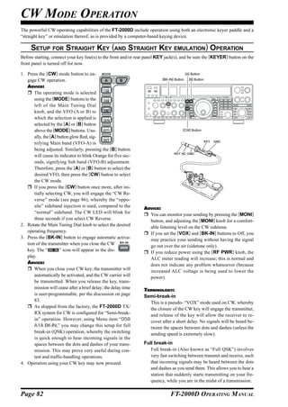 CW MODE OPERATION
The powerful CW operating capabilities of the FT-2000D include operation using both an electronic keyer paddle and a
“straight key” or emulation thereof, as is provided by a computer-based keying device.

     SETUP FOR STRAIGHT KEY (AND STRAIGHT KEY EMULATION) OPERATION
Before starting, connect your key line(s) to the front and/or rear panel KEY jack(s), and be sure the [KEYER] button on the
front panel is turned off for now.

1. Press the [CW] mode button to en-                                                       [A] Button
   gage CW operation.                                                     [BK-IN] Button     [B] Button

   ADVICE:
       The operating mode is selected
       using the [MODE] buttons to the
       left of the Main Tuning Dial
       knob, and the VFO (A or B) to
       which the selection is applied is
       selected by the [A] or [B] button
       above the [MODE] buttons. Usu-                                                  [CW] Button

       ally, the [A] button glow Red, sig-
       nifying Main band (VFO-A) is
       being adjusted. Similarly, pressing the [B] button
       will cause its indicator to blink Orange for five sec-
       onds, signifying Sub band (VFO-B) adjustment.
       Therefore, press the [A] or [B] button to select the
       desired VFO, then press the [CW] button to select
       the CW mode.
       If you press the [CW] button once more, after ini-
       tially selecting CW, you will engage the “CW Re-
       verse” mode (see page 86), whereby the “oppo-
       site” sideband injection is used, compared to the         ADVICE:
       “normal” sideband. The CW LED will blink for                You can monitor your sending by pressing the [MONI]
       three seconds if you select CW Reverse.                     button, and adjusting the [MONI] knob for a comfort-
2. Rotate the Main Tuning Dial knob to select the desired          able listening level on the CW sidetone.
   operating frequency.                                            If you set the [VOX] and [BK-IN] buttons to Off, you
3. Press the [BK-IN] button to engage automatic activa-            may practice your sending without having the signal
   tion of the transmitter when you close the CW                   go out over the air (sidetone only).
   key. The “         ” icon will appear in the dis-               If you reduce power using the [RF PWR] knob, the
   play.                                                           ALC meter reading will increase; this is normal and
   ADVICE:                                                         does not indicate any problem whatsoever (because
       When you close your CW key, the transmitter will            increased ALC voltage is being used to lower the
       automatically be activated, and the CW carrier will         power).
       be transmitted. When you release the key, trans-
       mission will cease after a brief delay; the delay time    TERMINOLOGY:
       is user-programmable, per the discussion on page          Semi-break-in
       83.                                                         This is a pseudo- “VOX” mode used on CW, whereby
       As shipped from the factory, the FT-2000D TX/               the closure of the CW key will engage the transmitter,
       RX system for CW is configured for “Semi-break-             and release of the key will allow the receiver to re-
       in” operation. However, using Menu item “058                cover after a short delay. No signals will be heard be-
       A1A BK-IN,” you may change this setup for full              tween the spaces between dots and dashes (unless the
       break-in (QSK) operation, whereby the switching             sending speed is extremely slow).
       is quick enough to hear incoming signals in the
       spaces between the dots and dashes of your trans-         Full break-in
       mission. This may prove very useful during con-              Full break-in (Also known as “Full QSK”) involves
       test and traffic-handling operations.                        very fast switching between transmit and receive, such
4. Operation using your CW key may now proceed.                     that incoming signals may be heard between the dots
                                                                    and dashes as you send them. This allows you to hear a
                                                                    station that suddenly starts transmitting on your fre-
                                                                    quency, while you are in the midst of a transmission.

Page 82                                                                        FT-2000D OPERATING MANUAL
 