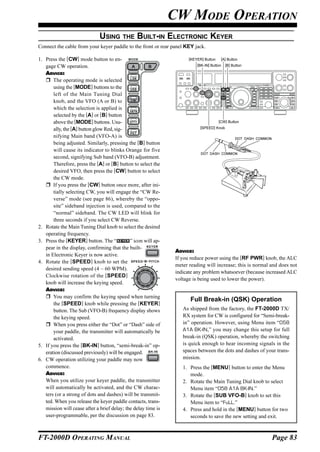 CW MODE OPERATION
                              USING THE BUILT-IN ELECTRONIC KEYER
Connect the cable from your keyer paddle to the front or rear panel KEY jack.

1. Press the [CW] mode button to en-                                  [KEYER] Button    [A] Button

   gage CW operation.                                                     [BK-IN] Button   [B] Button

   ADVICE:
       The operating mode is selected
       using the [MODE] buttons to the
       left of the Main Tuning Dial
       knob, and the VFO (A or B) to
       which the selection is applied is
       selected by the [A] or [B] button
       above the [MODE] buttons. Usu-                                                  [CW] Button

       ally, the [A] button glow Red, sig-                                  [SPEED] Knob

       nifying Main band (VFO-A) is
       being adjusted. Similarly, pressing the [B] button
       will cause its indicator to blinks Orange for five
       second, signifying Sub band (VFO-B) adjustment.
       Therefore, press the [A] or [B] button to select the
       desired VFO, then press the [CW] button to select
       the CW mode.
       If you press the [CW] button once more, after ini-
       tially selecting CW, you will engage the “CW Re-
       verse” mode (see page 86), whereby the “oppo-
       site” sideband injection is used, compared to the
       “normal” sideband. The CW LED will blink for
       three seconds if you select CW Reverse.
2. Rotate the Main Tuning Dial knob to select the desired
   operating frequency.
3. Press the [KEYER] button. The “           ” icon will ap-
   pear in the display, confirming that the built-
                                                                ADVICE:
   in Electronic Keyer is now active.
                                                                If you reduce power using the [RF PWR] knob, the ALC
4. Rotate the [SPEED] knob to set the
                                                                meter reading will increase; this is normal and does not
   desired sending speed (4 ~ 60 WPM).
                                                                indicate any problem whatsoever (because increased ALC
   Clockwise rotation of the [SPEED]
                                                                voltage is being used to lower the power).
   knob will increase the keying speed.
   ADVICE:
       You may confirm the keying speed when turning
                                                                       Full Break-in (QSK) Operation
       the [SPEED] knob while pressing the [KEYER]
       button. The Sub (VFO-B) frequency display shows             As shipped from the factory, the FT-2000D TX/
       the keying speed.                                           RX system for CW is configured for “Semi-break-
       When you press either the “Dot” or “Dash” side of           in” operation. However, using Menu item “058
       your paddle, the transmitter will automatically be          A1A BK-IN,” you may change this setup for full
       activated.                                                  break-in (QSK) operation, whereby the switching
5. If you press the [BK-IN] button, “semi-break-in” op-            is quick enough to hear incoming signals in the
   eration (discussed previously) will be engaged.                 spaces between the dots and dashes of your trans-
6. CW operation utilizing your paddle may now                      mission.
   commence.                                                       1. Press the [MENU] button to enter the Menu
   ADVICE:                                                            mode.
   When you utilize your keyer paddle, the transmitter             2. Rotate the Main Tuning Dial knob to select
   will automatically be activated, and the CW charac-                Menu item “058 A1A BK-IN.”
   ters (or a strong of dots and dashes) will be transmit-         3. Rotate the [SUB VFO-B] knob to set this
   ted. When you release the keyer paddle contacts, trans-            Menu item to “FuLL.”
   mission will cease after a brief delay; the delay time is       4. Press and hold in the [MENU] button for two
   user-programmable, per the discussion on page 83.                  seconds to save the new setting and exit.



FT-2000D OPERATING MANUAL                                                                                   Page 83
 