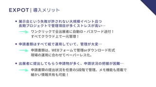 EXPOT｜導入メリット
ワンクリックで全出展者に自動ID・パスワード送付！
すべてクラウド上で一元管理！
申請書類は、WEBフォームで管理orダウンロード形式
現場の運用に合わせてペーパーレス化。
申請書類の提出状況を任意の5段階で管理。メモ機能も搭載で
細かい情報共有も可能！
展示会という失敗が許されない大規模イベント且つ
長期プロジェクトで管理項目が多くストレスが高い…
申請書類はすべて紙で運用していて、管理が大変…
出展者に提出してもらう申請物が多く、申請状況の把握が困難…
 