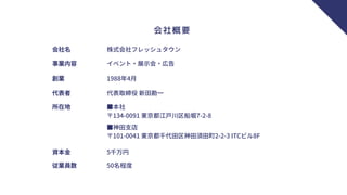 会社概要
会社名 株式会社フレッシュタウン
事業内容 イベント・展示会・広告
創業 1988年4月
所在地 ■本社
〒134-0091 東京都江戸川区船堀7-2-8
■神田支店
〒101-0041 東京都千代田区神田須田町2-2-3 ITCビル8F
代表者 代表取締役 新田勘一
資本金 5千万円
従業員数 50名程度
 