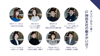 メ
ン
バ
ー
か
ら
一
言
！
空間デザイナー 中途入社
A.若さゆえの活気
営業 中途入社
A.シッカリ稼ぎ
ガッツリ遊ぶ
営業 新卒入社
A.自由。
成長は自分の行動次第
営業 新卒入社
A.メーカー企業への
営業が楽しい
マーケティング 中途入社
A.変わってく実感
空間デザイナー 中途入社
A.攻めの姿勢・柔軟さ
営業企画 中途入社
A.子育てとの両立
映像制作 中途入社
A.新事業への挑戦
Q.
神
田
支
社
の
働
き
が
い
は
？
 