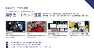 フレッシュタウンがサポートする
展示会・イベント運営
創業30年以上、年間1500件以上の実績で培ったノウハウで
市場調査・コンセプト設計から最高のデザインと出展戦略をご提案します。
強
み
日本最大級のシステム資材を自社倉庫に保有
年間1500件以上のイベント・展示会の実績
企画・デザインから施工まで社内にてワンストップサービス
展示会ブース
デザインを強みに展示会調査や来場者統計
からブースを提案。
イベント
新商品発表会や商談会から事務局の運営ま
で総合的にサポート。
出展者管理システム
イベント・展示会の各情報を一元管理でき
るクラウドサービス。
オンラインイベントの企画・運営
LIVE配信から配信ツールの選定・運用をサポ
ート。
事業紹介｜イベント事業
 
