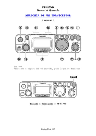FT-817ND
                   Manual de Operação

          ANATOMIA DE UM TRANSCEPTOR
                        ( FRONTAL )




(1) PWR
Pressione e segure por um segundo, para ligar ou desligar




              Ligando e Desligando o FT-817ND




                       Página 26 de 157
 