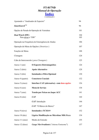 FT-817ND
                           Manual de Operação
                                       Índice
                                   ( continuação )

Ajustando o “Analisador de Espectro”                                94

SmartSearchTM                                                       96

Opções de Parada da Operação de Varredura                           101

Dual Watch (DW)                                                     104
      Para ativar a “DW”                                            105

Operação na Frequência de Emeregência do Alaska                     106

Operação do Menu de Opções ( Diretrizes )                           107

Funções de Menu                                                     108

Clonagem                                                            124

Cabo de Interconexão ( para Clonagem )                              125

Anexo 1 (um)        O Espectro Eletromagnético                      126

Anexo 2 (dois)      Apoio Alternativo                               128

Anexo 3 (três)      Instalando o Filtro Opcional                    130

Anexo 4 (quatro)    Conectores Coaxiais                             132

Anexo 5 (cinco)     Interface CAT (alternativa) - com duas opções   136

Anexo 6 (seis)      Menu de Serviço                                 138

Anexo 7 (sete)      Tensão por Faixas no Jaque ACC                  141

Anexo 8 (oito)      CAT                                             144

                    CAT: Introdução                                 144

                    CAT: “O Básico do Básico”                       147

Anexo 9 (nove)      Instalando o TCXO-9                             152

Anexo 10 (dez)      Ligeira Modificação no Microfone MH-31xxx       154

Anexo 11 (onze)     Modos de Emissão                                155

Anexo 12 (doze)     Carga Não-Irradiante (“Antena Fantasma”)        157



                                  Página 6 de 157
 
