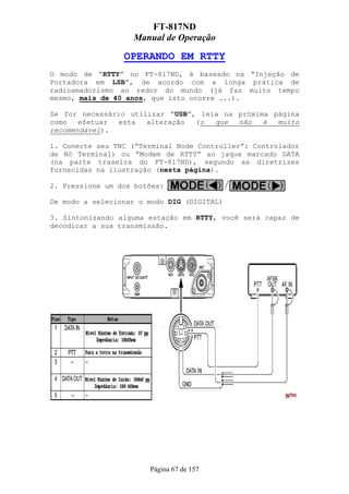 FT-817ND
                   Manual de Operação

                 OPERANDO EM RTTY
O modo de “RTTY” no FT-817ND, é baseado na “Injeção de
Portadora em LSB”, de acordo com a longa prática de
radioamadorismo ao redor do mundo (já faz muito tempo
mesmo, mais de 40 anos, que isto ocorre ...).

Se for necessário utilizar “USB”, leia na próxima página
como   efetuar  esta  alteração  (o  que  não   é  muito
recomendável).

1. Conecte seu TNC (“Terminal Node Controller”: Controlador
de Nó Terminal) ou “Modem de RTTY” ao jaque marcado DATA
(na parte traseira do FT-817ND), segundo as diretrizes
fornecidas na ilustração (nesta página).

2. Pressione um dos botões:

De modo a selecionar o modo DIG (DIGITAL)

3. Sintonizando alguma estação em RTTY, você será capaz de
decodicar a sua transmissão.




                       Página 67 de 157
 