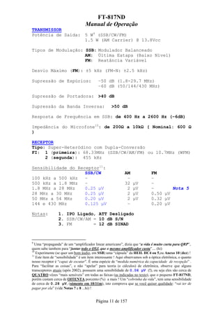 FT-817ND
                                   Manual de Operação
TRANSMISSOR
Potência de Saída: 5 W9 (SSB/CW/FM)
                   1.5 W (AM Carrier) @ 13.8Vcc

Tipos de Modulação: SSB: Modulador Balanceado
                    AM: Última Eatapa (Baixo Nível)
                    FM: Reatância Variável

Desvio Máximo (FM): ±5 kHz (FM-N: ±2.5 kHz)

Supressão de Espúrios:                      –50 dB (1.8-29.7 MHz)
                                            –60 dB (50/144/430 MHz)

Supressão de Portadora: >40 dB

Supressão da Banda Inversa:                         >50 dB

Resposta de Frequência em SSB: de 400 Hz a 2600 Hz (–6dB)

Impedância do Microfone10: de 200Ω a 10kΩ ( Nominal: 600 Ω
)

RECEPTOR
Tipo: Super-Heteródino com Dupla-Conversão
FI: 1 (primeira): 68.33MHz (SSB/CW/AM/FM) ou 10.7MHz (WFM)
     2 (segunda): 455 kHz

Sensibilidade do Receptor11:
                    SSB/CW                                   AM                FM
100 kHz a 500 kHz   –                                         –                –
500 kHz a 1.8 MHz   –                                        32    µV          –
1.8 MHz a 28 MHz    0.25 µV                                   2    µV          –       Nota 5
28 MHz a 30 MHz     0.25 µV                                   2    µV          0.50 µV
50 MHz a 54 MHz     0.20 µV                                   2    µV          0.32 µV
144 e 430 MHz       0.125 µV                                  –                0.20 µV

Notas:           1. IPO Ligado, ATT Desligado
                 2. SSB/CW/AM = 10 dB S/N
                 3. FM        = 12 dB SINAD



9
  Uma “propaganda” de um “amplificador linear americano”, dizia que “a vida é muito curta para QRP”,
quem sabe tambem para “juntar todo o QSJ, que o mesmo amplificador custa”.... (hi)
10
   Experimente (se quer um bom áudio, em SSB) uma “cápsula” da HEIL HC4 ou 5,ou Anexo 10 (dez) !
11
   Este ítem de “sensibilidade” é um ítem interessante ! Aqui observamos sob a óptica eletrônica, o quanto
nosso receptor é “capaz de escutar”. É uma espécie de “medida numérica da capacidade de recepção” .
Para “facilitar as coisas”, e não “apelar” para teoria (e cálculos) de eletrônica, observe que alguns
transceptores atuais (após 2002), possuem uma sensibilidade de 0.06 µV (!), ou seja eles são cerca de
QUATRO vêzes “mais sensíveis” em todas as faixas (as indicadas no texto), que o pequeno FT-817ND,
porém custam cerca de OITENTA porcento (%) a mais ! Um “cobrinha da vida”, tem uma sensibilidade
de cerca de 0.28 µV, (sómente em 10/11m), isto comprova que se você quiser qualidade: “vai ter de
pagar por ela” (vide Notas 7 e 8 ...hi) !


                                          Página 11 de 157
 