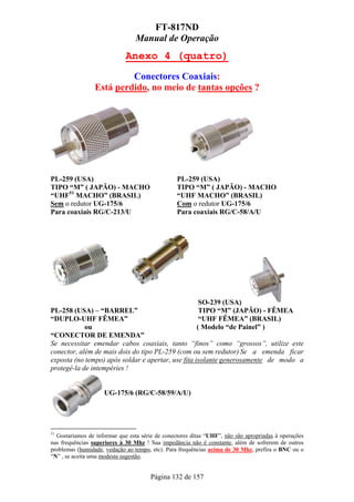FT-817ND
                                 Manual de Operação
                             Anexo 4 (quatro)
                          Conectores Coaxiais:
                 Está perdido, no meio de tantas opções ?




PL-259 (USA)                                     PL-259 (USA)
TIPO “M” ( JAPÃO) - MACHO                        TIPO “M” ( JAPÃO) - MACHO
“UHF51 MACHO” (BRASIL)                           “UHF MACHO” (BRASIL)
Sem o redutor UG-175/6                           Com o redutor UG-175/6
Para coaxiais RG/C-213/U                         Para coaxiais RG/C-58/A/U




                                                          SO-239 (USA)
PL-258 (USA) – “BARREL”                                   TIPO “M” (JAPÃO) - FÊMEA
“DUPLO-UHF FÊMEA”                                         “UHF FÊMEA” (BRASIL)
            ou                                           ( Modelo “de Painel” )
“CONECTOR DE EMENDA”
Se necessitar emendar cabos coaxiais, tanto “finos” como “grossos”, utilize este
conector, além de mais dois do tipo PL-259 (com ou sem redutor) Se a emenda ficar
exposta (no tempo) após soldar e apertar, use fita isolante generosamente de modo a
protegê-la de intempéries !


                    UG-175/6 (RG/C-58/59/A/U)




51
  Gostariamos de informar que esta série de conectores ditas “UHF”, não são apropriadas à operações
nas frequências superiores à 30 Mhz ! Sua impedância não é constante, além de sofrerem de outros
problemas (humidade, vedação ao tempo, etc). Para frequências acima de 30 Mhz, prefira o BNC ou o
“N” , se aceita uma modesta sugestão.


                                       Página 132 de 157
 