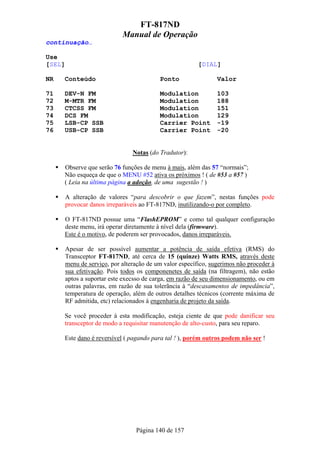 FT-817ND
                             Manual de Operação
continuação…

Use
[SEL]                                                     [DIAL]

NR   Conteúdo                              Ponto                 Valor

71   DEV-N FM                              Modulation            103
72   M-MTR FM                              Modulation            188
73   CTCSS FM                              Modulation            151
74   DCS FM                                Modulation            129
75   LSB-CP SSB                            Carrier Point         -19
76   USB-CP SSB                            Carrier Point         -20


                                 Notas (do Tradutor):

     Observe que serão 76 funções de menu à mais, além das 57 “normais”;
     Não esqueça de que o MENU #52 ativa os próximos ! ( de #53 a #57 )
     ( Leia na última página a adoção, de uma sugestão ! )

        A alteração de valores “para descobrir o que fazem”, nestas funções pode
        provocar danos irreparáveis ao FT-817ND, inutilizando-o por completo.

     O FT-817ND possue uma “FlashEPROM” e como tal qualquer configuração
     deste menu, irá operar diretamente à nível dela (firmware).
     Este é o motivo, de poderem ser provocados, danos irreparáveis.

        Apesar de ser possível aumentar a potência de saída efetiva (RMS) do
        Transceptor FT-817ND, até cerca de 15 (quinze) Watts RMS, através deste
        menu de serviço, por alteração de um valor específico, sugerimos não proceder à
        sua efetivação. Pois todos os componenetes de saída (na filtragem), não estão
        aptos a suportar este execsso de carga, em razão de seu dimensionamento, ou em
        outras palavras, em razão de sua tolerãncia à “descasamentos de impedância”,
        temperatura de operação, além de outros detalhes técnicos (corrente máxima de
        RF admitida, etc) relacionados à engenharia de projeto da saída.

     Se você proceder à esta modificação, esteja ciente de que pode danificar seu
     transceptor de modo a requisitar manutenção de alto-custo, para seu reparo.

     Este dano é reversível ( pagando para tal ! ), porém outros podem não ser !




                                  Página 140 de 157
 