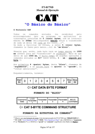 FT-817ND
                                Manual de Operação




               “O Básico do Básico”
O Protocolo CAT

Todos   os   comandos    enviados   (ou    recebidos)    pelo
microcomputador   (por  um   programa   ou   aplicativo)   ao
transceptor consistem de 5 (cinco) bytes, com um intervalo
máximo de 200ms (milisegundos) máximo entre a transmissão
de cada um deles (de cada um dos cinco...)54.
De modo a facilitar as coisas, a estes 5 (cinco) bytes,
chamamos (a Yaesu pelo menos...hi) de “um bloco”.

Observe que, então, cada byte terá um tempo máximo de 1000
ms (200x5) para ser “transmitido” (e recebido). Mais do que
óbvio de que 1000 ms, é muito tempo em algumas operações e
comandos enviados ao 817 (será então, 1 – um – segundo por
byte !)

Aos primeiros 4 (quatro) bytes, deste “bloco”, chamamos de
“argumentos”, e ao último byte (o quinto) de “opcode”, ou
“código operacional”.

Esquematicamente, teremos:




                            FORMATO DO “BLOCO”




             FORMATO DA ESTRUTURA DE COMANDO55
54
  Observe que esta limitação de tempo, é do microprocessador do FT-817ND (um “HD64F2345FA”).
55
  NT: LSD: “Least Significant Digit” e MSD: “Most Significant Digit”, são o MENOS (é o “Argumento
1” ou “Parâmetro 1”), e o MAIS (é o “opcode” ou “comando”) significativo dos Dados (ou Dígitos).


                                      Página 147 de 157
 