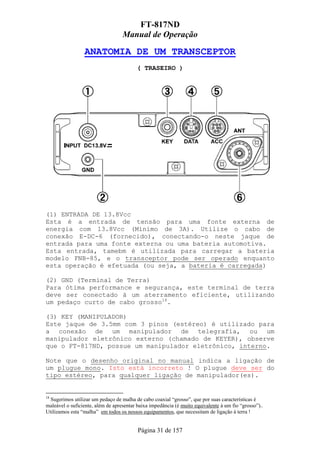 FT-817ND
                                   Manual de Operação

                 ANATOMIA DE UM TRANSCEPTOR
                                         ( TRASEIRO )




(1) ENTRADA DE 13.8Vcc
Esta é a entrada de tensão para uma fonte externa de
energia com 13.8Vcc (Mínimo de 3A). Utilize o cabo de
conexão E-DC-6 (fornecido), conectando-o neste jaque de
entrada para uma fonte externa ou uma bateria automotiva.
Esta entrada, tamebm é utilizada para carregar a bateria
modelo FNB-85, e o transceptor pode ser operado enquanto
esta operação é efetuada (ou seja, a bateria é carregada)

(2) GND (Terminal de Terra)
Para ótima performance e segurança, este terminal de terra
deve ser conectado à um aterramento eficiente, utilizando
um pedaço curto de cabo grosso18.

(3) KEY (MANIPULADOR)
Este jaque de 3.5mm com 3 pinos (estéreo) é utilizado para
a conexão de um manipulador de telegrafia, ou um
manipulador eletrônico externo (chamado de KEYER), observe
que o FT-817ND, possue um manipulador eletrônico, interno.

Note que o desenho original no manual indica a ligação de
um plugue mono. Isto está incorreto ! O plugue deve ser do
tipo estéreo, para qualquer ligação de manipulador(es).


18
  Sugerimos utilizar um pedaço de malha de cabo coaxial “grosso”, que por suas características é
maleável o suficiente, além de apresentar baixa impedância (é muito equivalente à um fio “grosso”)..
Utilizamos esta “malha” em todos os nossos equipamentos, que necessitam de ligação à terra !


                                          Página 31 de 157
 