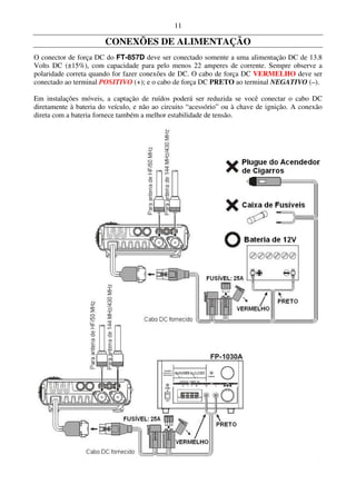 11

                       CONEXÕES DE ALIMENTAÇÃO
O conector de força DC do FT-857D deve ser conectado somente a uma alimentação DC de 13.8
Volts DC (±15%), com capacidade para pelo menos 22 amperes de corrente. Sempre observe a
polaridade correta quando for fazer conexões de DC. O cabo de força DC VERMELHO deve ser
conectado ao terminal POSITIVO (+); e o cabo de força DC PRETO ao terminal NEGATIVO (–).

Em instalações móveis, a captação de ruídos poderá ser reduzida se você conectar o cabo DC
diretamente à bateria do veículo, e não ao circuito “acessório” ou à chave de ignição. A conexão
direta com a bateria fornece também a melhor estabilidade de tensão.
 