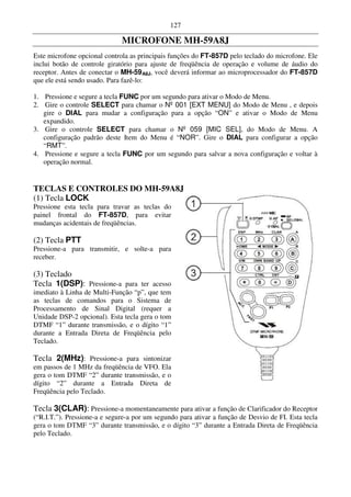127

                              MICROFONE MH-59A8J
Este microfone opcional controla as principais funções do FT-857D pelo teclado do microfone. Ele
inclui botão de controle giratório para ajuste de freqüência de operação e volume de áudio do
receptor. Antes de conectar o MH-59A8J, você deverá informar ao microprocessador do FT-857D
que ele está sendo usado. Para fazê-lo:

1. Pressione e segure a tecla FUNC por um segundo para ativar o Modo de Menu.
2. Gire o controle SELECT para chamar o Nº 001 [EXT MENU] do Modo de Menu , e depois
   gire o DIAL para mudar a configuração para a opção “ON” e ativar o Modo de Menu
   expandido.
3. Gire o controle SELECT para chamar o Nº 059 [MIC SEL], do Modo de Menu. A
   configuração padrão deste Item do Menu é “NOR”. Gire o DIAL para configurar a opção
   “RMT”.
4. Pressione e segure a tecla FUNC por um segundo para salvar a nova configuração e voltar à
   operação normal.


TECLAS E CONTROLES DO MH-59A8J
(1) Tecla LOCK
Pressione esta tecla para travar as teclas do
painel frontal do FT-857D, para evitar
mudanças acidentais de freqüências.

(2) Tecla PTT
Pressione-a para transmitir, e solte-a para
receber.

(3) Teclado
Tecla 1(DSP): Pressione-a para ter acesso
imediato à Linha de Multi-Função “p”, que tem
as teclas de comandos para o Sistema de
Processamento de Sinal Digital (requer a
Unidade DSP-2 opcional). Esta tecla gera o tom
DTMF “1” durante transmissão, e o dígito “1”
durante a Entrada Direta de Freqüência pelo
Teclado.

Tecla 2(MHz): Pressione-a para sintonizar
em passos de 1 MHz da freqüência de VFO. Ela
gera o tom DTMF “2” durante transmissão, e o
dígito “2” durante a Entrada Direta de
Freqüência pelo Teclado.

Tecla 3(CLAR): Pressione-a momentaneamente para ativar a função de Clarificador do Receptor
(“R.I.T.”). Pressione-a e segure-a por um segundo para ativar a função de Desvio de FI. Esta tecla
gera o tom DTMF “3” durante transmissão, e o dígito “3” durante a Entrada Direta de Freqüência
pelo Teclado.
 