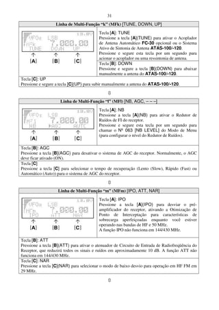 31
                  Linha de Multi-Função “k” (MFk) [TUNE, DOWN, UP]
                                          Tecla [A]: TUNE
                                          Pressione a tecla [A](TUNE) para ativar o Acoplador
                                          de Antena Automático FC-30 opcional ou o Sistema
                                          Ativo de Sintonia de Antena ATAS-100/-120.
                                          Pressione e segure esta tecla por um segundo para
                                          acionar o acoplador ou uma ressintonia de antena.
                                          Tecla [B]: DOWN
                                          Pressione e segure a tecla [B](DOWN) para abaixar
                                          manualmente a antena do ATAS-100/-120.
Tecla [C]: UP
Pressione e segure a tecla [C](UP) para subir manualmente a antena do ATAS-100/-120.


                     Linha de Multi-Função “l” (MFl) [NB, AGC, – – –]
                                          Tecla [A]: NB
                                          Pressione a tecla [A](NB) para ativar o Redutor de
                                          Ruídos de FI do receptor.
                                          Pressione e segure esta tecla por um segundo para
                                          chamar o Nº 063 [NB LEVEL] do Modo de Menu
                                          (para configurar o nível do Redutor de Ruídos).

Tecla [B]: AGC
Pressione a tecla [B](AGC) para desativar o sistema de AGC do receptor. Normalmente, o AGC
deve ficar ativado (ON).
Tecla [C]
Pressione a tecla [C] para selecionar o tempo de recuperação (Lento (Slow), Rápido (Fast) ou
Automático (Auto)) para o sistema de AGC do receptor.


                    Linha de Multi-Função “m” (MFm) [IPO, ATT, NAR]
                                          Tecla [A]: IPO
                                          Pressione a tecla [A](IPO) para desviar o pré-
                                          amplificador do receptor, ativando a Otimização de
                                          Ponto de Interceptação para características de
                                          sobrecarga aperfeiçoadas enquanto você estiver
                                          operando nas bandas de HF e 50 MHz.
                                          A função IPO não funciona em 144/430 MHz.

Tecla [B]: ATT
Pressione a tecla [B](ATT) para ativar o atenuador de Circuito de Entrada de Radiofreqüência do
Receptor, que reduzirá todos os sinais e ruídos em aproximadamente 10 dB. A função ATT não
funciona em 144/430 MHz.
Tecla [C]: NAR
Pressione a tecla [C](NAR) para selecionar o modo de baixo desvio para operação em HF FM em
29 MHz.
 