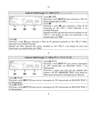 32


                   Linha de Multi-Função “n” (MFn) [CFIL, – – –, – – –]
                                          Tecla [A]: CFIL
                                          Pressione a tecla [A](CFIL] para selecionar o filtro de
                                          FI de cerâmica para 2.4 kHz.
                                          Tecla [B]
                                          Pressione a tecla [B] para selecionar o filtro de FI
                                          localizado no slot “FIL-1” (Filtro Opcional 1) na
                                          Unidade Principal.
                                          Quando um filtro opcional não estiver instalado no slot
                                          “FIL-1”, esta função de tecla será desativada e sua
                                          identificação será “N/A”.
Tecla [C]
Pressione a tecla [C] para selecionar o filtro de FI opcional localizado no slot “FIL-2” (Filtro
Opcional 2) na Unidade Principal.
Quando um filtro opcional não estiver instalado no slot “FIL-2”, esta função de tecla será
desativada e sua identificação será “N/A”.



                   Linha de Multi-Função “o” (MFo) [PLY1, PLY2, PLY3]
                                          Tecla [A]: PLY1
                                          Pressione a tecla [A](PLY1) para enviar a mensagem
                                          de CW memorizada em BEACON TEXT 1 do
                                          Manipulador.
                                          Pressione e segure esta tecla por um segundo para
                                          chamar o Nº 011 [BEACON TEXT 1] do Modo de
                                          Menu (para armazenar a mensagem para o Beacon).
Tecla [B]: PLY2
Pressione a tecla [B](PLY2) para enviar a mensagem de CW memorizada em BEACON TEXT 2
do Manipulador.
Tecla [C]: PLY3
Pressione a tecla [C](PLY3) para enviar a mensagem de CW memorizada em BEACON TEXT 3
do Manipulador.
 