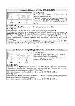 33


                   Linha de Multi-Função “p” (MFp) [DNR, DNF, DBF]
                                         Tecla [A]: DNR
                                         Pressione a tecla [A](DNR) para ativar o sistema de
                                         Redução de Ruídos do DSP.
                                         Pressione e segure esta tecla por um segundo para
                                         chamar o Nº 049 [DSP NR LEVEL] do Modo de
                                         Menu (para configurar o grau de Redução de Ruídos
                                         do DSP).
Tecla [B]: DNF
Pressione a tecla [B](DNF) para ativar o Filtro de Corte Automático do DSP.
Tecla [C]: DBF
Pressione a tecla [C](DBF) para ativar o Filtro Passa-Banda de Receptor do DSP.
Nos modos SSB. AM, FM e AFSK, pressione e segure esta tecla por um segundo para chamar o Nº
047 [DSP LPF CUTOFF] do Modo de Menu (para ajustar o corte de alta freqüência do Filtro
Passa-Banda do DSP). Quando estiver lá, gire um clique do controle SELECT no sentido anti-
horário para selecionar o Nº 046 do Modo de Menu, para ajustar a freqüência de corte de baixa
freqüência.
No modo CW, pressione e segure a tecla [C](DBF) por um segundo para chamar o Nº 045 [DSP
BPF WIDTH] do Modo de Menu (para configurar a largura de banda de CW).



       Linha de Multi-Função “q” (MFq) [MONI, QSPL, ATC] (Teclas Programáveis)
                                         Tecla [A]: MONI
                                         Pressione a tecla [A](MONI) para desativar o
                                         Silenciador de Ruídos (Noise Squelch).
                                         Você pode programar a configuração desta tecla no
                                         item Nº 065 [PG A] do Menu.


Tecla [B]: QSPL
Pressione a tecla [B](QSPL) para ativar a função “Split Rápido”, pela qual você mudará a
freqüência do Segundo VFO para que seja a freqüência de VFO Principal +5 kHz; você
automaticamente ativará também a função “VFO em Split”.
Você pode programar a configuração desta tecla no item Nº 066 [PG B] do Menu.
Tecla [C]: ATC
Pressione a tecla [C](ATC) para ativar um tom de 1750 Hz por 2 segundos quando você pressionar
a tecla PTT enquanto o canal estiver liberado.
Você pode programar a configuração desta tecla no item Nº 067 [PG C] do Menu.
 