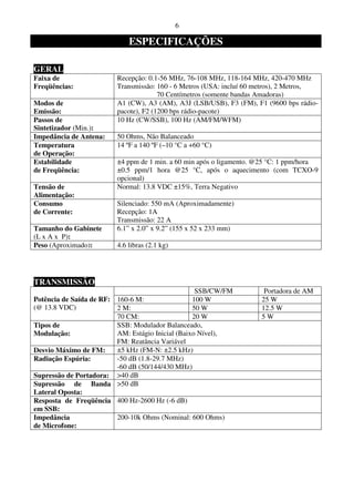6

                             ESPECIFICAÇÕES

GERAL
Faixa de                 Recepção: 0.1-56 MHz, 76-108 MHz, 118-164 MHz, 420-470 MHz
Freqüências:             Transmissão: 160 - 6 Metros (USA: incluí 60 metros), 2 Metros,
                                       70 Centímetros (somente bandas Amadoras)
Modos de                 A1 (CW), A3 (AM), A3J (LSB/USB), F3 (FM), F1 (9600 bps rádio-
Emissão:                 pacote), F2 (1200 bps rádio-pacote)
Passos de                10 Hz (CW/SSB), 100 Hz (AM/FM/WFM)
Sintetizador (Min.):
Impedância de Antena:    50 Ohms, Não Balanceado
Temperatura              14 ºF a 140 ºF (–10 °C a +60 °C)
de Operação:
Estabilidade             ±4 ppm de 1 min. a 60 min após o ligamento. @25 °C: 1 ppm/hora
de Freqüência:           ±0.5 ppm/1 hora @25 °C, após o aquecimento (com TCXO-9
                         opcional)
Tensão de                Normal: 13.8 VDC ±15%, Terra Negativo
Alimentação:
Consumo                  Silenciado: 550 mA (Aproximadamente)
de Corrente:             Recepção: 1A
                         Transmissão: 22 A
Tamanho do Gabinete      6.1” x 2.0” x 9.2” (155 x 52 x 233 mm)
(L x A x P):
Peso (Aproximado):       4.6 libras (2.1 kg)




TRANSMISSÃO
                                                   SSB/CW/FM          Portadora de AM
Potência de Saída de RF: 160-6 M:                 100 W              25 W
(@ 13.8 VDC)             2 M:                     50 W               12.5 W
                         70 CM:                   20 W               5W
Tipos de                 SSB: Modulador Balanceado,
Modulação:               AM: Estágio Inicial (Baixo Nível),
                         FM: Reatância Variável
Desvio Máximo de FM:     ±5 kHz (FM-N: ±2.5 kHz)
Radiação Espúria:        -50 dB (1.8-29.7 MHz)
                         -60 dB (50/144/430 MHz)
Supressão de Portadora: >40 dB
Supressão de Banda >50 dB
Lateral Oposta:
Resposta de Freqüência 400 Hz-2600 Hz (-6 dB)
em SSB:
Impedância               200-10k Ohms (Nominal: 600 Ohms)
de Microfone:
 