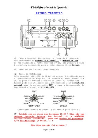 FT-897(D): Manual de Operação

                  PAINEL TRASEIRO




(1) Cabo & Conector (fornecido) da Fonte de Alimentação.
Exclusivamente no máximo 13.8 Volts CC - Mínimo de 22A.
Se for utilizada a Fonte opcional FP-30, ela proverá o cabo
& conector, necessário para a interligação (tipo Molex);

(2) Terminal de “Terra” (Aterramento);

(3) Jaque do CAT/Linear
Este conector mini-DIN de 8 (oito) pinos, é utilizado para
a interconexão do Acoplador de Antenas Externo, modelo FC-
30, ou para as Antenas ATAS-100 ou ATAS-120 (opcionais).
Tambem pode ser utilizado para interconexão a um computador
pessoal através do protocolo CAT, e para a interconexão do
Amplificador Linear Modelo VL-1000.




   Conectores vistos no painel ( de frente para você ! )

NT: Cuidado com os pinos que fornecem 13.8V ! Eles não tem
nenhuma proteção interna (um fusível...), e qualquer
curto-circuito “acidental”, pode ser motivo de problemas,
e/ou dor-de-cabeça (e muita...) !

              Não diga que não foi avisado !

                        Página 18 de 91
 
