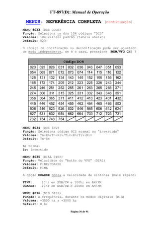 FT-897(D): Manual de Operação

 MENUS: REFERÊNCIA COMPLETA                 (continuação)

MENU #033 (DCS CODE)
Função: Seleciona um dos 104 códigos “DCS”
Valores: 104 valores padrão (tabela abaixo)
Default: 023

O código de codificação ou decodificação pode ser ajustado
de modo independente, se é o caso, pressione [MEM/VFO CH] !




MENU #034 (DCS INV)
Função: Seleciona código DCS normal ou “invertido”
Valores: Tn-Rn/Tn-Riv/Tiv-Rn/Tiv-Riv
Default: Tn-Rn

n: Normal
Iv: Invertido

MENU #035 (DIAL STEP)
Função: Velocidade do “botão do VFO” (DIAL)
Valores: FINE/COARSE
Default: FINE

A opção COARSE dobra a velocidade de sintonia (mais rápido)

FINE:     10hz em SSB/CW e 100hz em AM/FM
COARSE:   20hz em SSB/CW e 200hz em AM/FM

MENU #036 (DIG DISP)
Função: A frequência, durante os modos digitais (DIG)
Valores: -3000 hz a +3000 hz
Default: 0 hz

                          Página 36 de 91
 