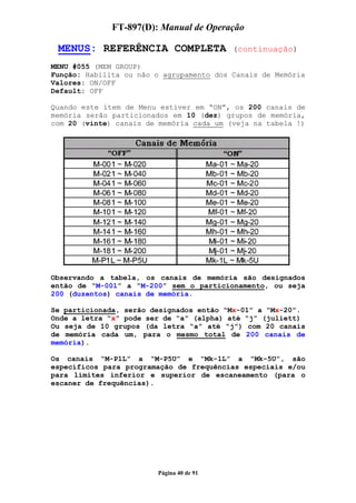 FT-897(D): Manual de Operação

 MENUS: REFERÊNCIA COMPLETA               (continuação)

MENU #055 (MEM GROUP)
Função: Habilita ou não o agrupamento dos Canais de Memória
Valores: ON/OFF
Default: OFF

Quando este ítem de Menu estiver em “ON”, os 200 canais de
memória serão particionados em 10 (dez) grupos de memória,
com 20 (vinte) canais de memória cada um (veja na tabela !)




Observando a tabela, os canais de memória são designados
então de “M-001” a “M-200” sem o particionamento, ou seja
200 (duzentos) canais de memória.

Se particionada, serão designados então “Mx-01” a “Mx-20”.
Onde a letra “x” pode ser de “a” (alpha) até “j” (juliett)
Ou seja de 10 grupos (da letra “a” até “j”) com 20 canais
de memória cada um, para o mesmo total de 200 canais de
memória).

Os canais “M-P1L” a “M-P5U” e “Mk-1L” a “Mk-5U”, são
específicos para programação de frequências especiais e/ou
para limites inferior e superior de escaneamento (para o
escaner de frequências).




                        Página 40 de 91
 