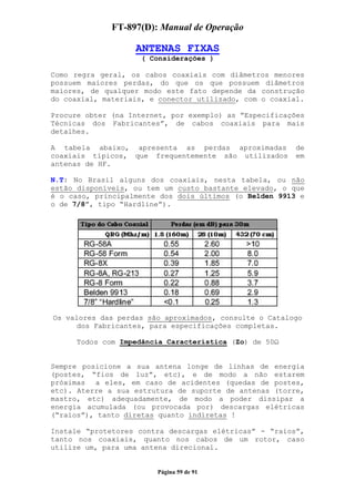 FT-897(D): Manual de Operação

                   ANTENAS FIXAS
                     ( Considerações )

Como regra geral, os cabos coaxiais com diâmetros menores
possuem maiores perdas, do que os que possuem diâmetros
maiores, de qualquer modo este fato depende da construção
do coaxial, materiais, e conector utilizado, com o coaxial.

Procure obter (na Internet, por exemplo) as “Especificações
Técnicas dos Fabricantes”, de cabos coaxiais para mais
detalhes.

A tabela abaixo, apresenta as perdas aproximadas        de
coaxiais típicos, que frequentemente são utilizados     em
antenas de HF.

N.T: No Brasil alguns dos coaxiais, nesta tabela, ou não
estão disponíveis, ou tem um custo bastante elevado, o que
é o caso, principalmente dos dois últimos (o Belden 9913 e
o de 7/8”, tipo “Hardline”).




Os valores das perdas são aproximados, consulte o Catalogo
     dos Fabricantes, para especificações completas.

      Todos com Impedância Característica (Zo) de 50


Sempre posicione a sua antena longe de linhas de energia
(postes, “fios de luz”, etc), e de modo a não estarem
próximas a eles, em caso de acidentes (quedas de postes,
etc). Aterre a sua estrutura de suporte de antenas (torre,
mastro, etc) adequadamente, de modo a poder dissipar a
energia acumulada (ou provocada por) descargas elétricas
(“raios”), tanto diretas quanto indiretas !

Instale “protetores contra descargas elétricas” - “raios”,
tanto nos coaxiais, quanto nos cabos de um rotor, caso
utilize um, para uma antena direcional.


                        Página 59 de 91
 