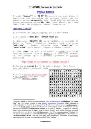 FT-897(D): Manual de Operação

                                      FUNÇÃO BEACON
A opção “Beacon11” do FT-897(D) permite que você ajuste o
tranceptor para transmitir uma messagem repetitiva. Por
exemplo, em uma DX-pedição, esta função pode ser ativada em
alguma frequência em 50 Mhz (6m), para alertar possíveis
“aberturas” (de propagação) nestas faixas de 6m.

GRAVANDO O TEXTO:

1. Pressione [F] por um segundo, para o modo MENU;

2. Selecione o MENU #011 (BEACON TEXT 1);

3. Pressione [MEM/VFO CH] para habilitar a gravação do
texto, o “cursor” (primeiro caracter) será o caracter
“sublinha”   –  também   conhecido   como  “underline” ou
“underscore” (pelo pessoal chegado à informática...);

4. Gire [DIAL] de modo a selecionar o primeiro caracter
desejado (número, letra ou símbolo), e após gire [MEM/VFO
CH] uma posição (para a direita), passando ao próximo
caractere;

             Veja todos os caracteres na tabela abaixo !

5. Repita as etapas 3 e 4, de modo a gravar todo o texto
desejado (frase, mensagem, etc);


6. Para o máximo de caracteres,
a ser gravado, por gentileza,
leia na próxima página !




11
   O termo “beacon” é utilizado internacionalmente, como um sinônimo de “estação-piloto”, ou “rádio-
farol” que em termos simples, é uma estação transmissora permanente (24h), destinada a
“radiolocalização” ou “estudos de propagação”. No Brasil, para os radioamadores (e exclusivamente a
eles...) e no mundo inteiro os “beacons” são valiosos auxiliares para estudos de propagação, em suas
várias faixas de operação (e inclusive em satélites !). No Brasil, a ANATEL, caracteriza as “estações-
piloto”, como estações fixas do tipo 3 (três). O termo “beacon” neste manual, julgamos totalmente
inapropriado, pois este tipo de função não é permanente (você deixaria este transceptor 24h direto, “no
ar” ?) seria mais apropriado o termo “memória com repetição para telegrafia”, ou “cw-memo” ou
“memória repetitiva de cw” ( em todo caso, pense nisto, imaginando o “sofrimento” de quem traduz
estes manuais para a Língua Portuguesa, e desconhece estes “detalhes” ! ).

                                           Página 69 de 91
 