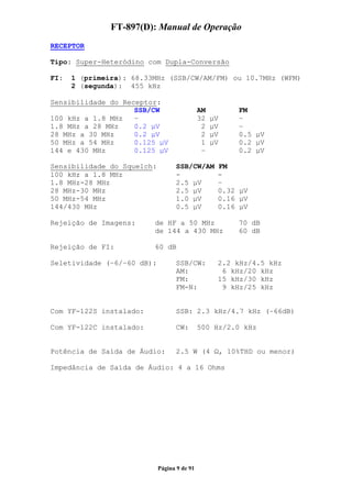 FT-897(D): Manual de Operação
RECEPTOR

Tipo: Super-Heteródino com Dupla-Conversão

FI:   1 (primeira): 68.33MHz (SSB/CW/AM/FM) ou 10.7MHz (WFM)
      2 (segunda): 455 kHz

Sensibilidade do Receptor:
                    SSB/CW                   AM            FM
100 kHz a 1.8 MHz   –                        32   µV       –
1.8 MHz a 28 MHz    0.2 µV                    2   µV       –
28 MHz a 30 MHz     0.2 µV                    2   µV       0.5 µV
50 MHz a 54 MHz     0.125 µV                  1   µV       0.2 µV
144 e 430 MHz       0.125 µV                  –            0.2 µV

Sensibilidade do Squelch:         SSB/CW/AM        FM
100 kHz a 1.8 MHz                 -                -
1.8 MHz-28 MHz                    2.5 µV           –
28 MHz-30 MHz                     2.5 µV           0.32 µV
50 MHz-54 MHz                     1.0 µV           0.16 µV
144/430 MHz                       0.5 µV           0.16 µV

Rejeição de Imagens:     de HF a 50 MHz                    70 dB
                         de 144 a 430 MHz                  60 dB

Rejeição de FI:          60 dB

Seletividade (–6/–60 dB):         SSB/CW:          2.2 kHz/4.5 kHz
                                  AM:               6 kHz/20 kHz
                                  FM:              15 kHz/30 kHz
                                  FM-N:             9 kHz/25 kHz


Com YF-122S instalado:            SSB: 2.3 kHz/4.7 kHz (–66dB)

Com YF-122C instalado:            CW:        500 Hz/2.0 kHz


Potência de Saída de Áudio:       2.5 W (4             , 10%THD ou menor)

Impedância de Saída de Áudio: 4 a 16 Ohms




                            Página 9 de 91
 