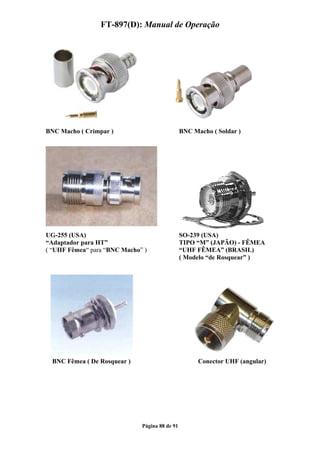 FT-897(D): Manual de Operação




BNC Macho ( Crimpar )                           BNC Macho ( Soldar )




UG-255 (USA)                                    SO-239 (USA)
“Adaptador para HT”                             TIPO “M” (JAPÃO) - FÊMEA
( “UHF Fêmea“ para “BNC Macho” )                “UHF FÊMEA” (BRASIL)
                                                ( Modelo “de Rosquear” )




  BNC Fêmea ( De Rosquear )                           Conector UHF (angular)




                              Página 88 de 91
 
