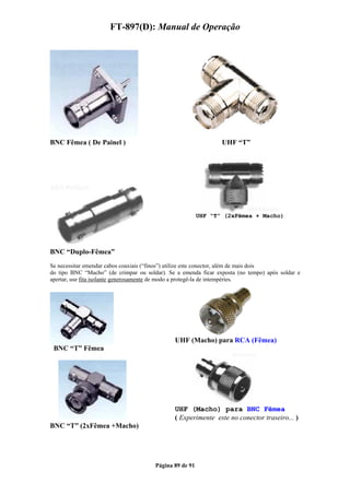 FT-897(D): Manual de Operação




BNC Fêmea ( De Painel )                                         UHF “T”




                                                         UHF “T” (2xFêmea + Macho)




BNC “Duplo-Fêmea”
Se necessitar emendar cabos coaxiais (“finos”) utilize este conector, além de mais dois
do tipo BNC “Macho” (de crimpar ou soldar). Se a emenda ficar exposta (no tempo) após soldar e
apertar, use fita isolante generosamente de modo a protegê-la de intempéries.




                                              UHF (Macho) para RCA (Fêmea)
 BNC “T” Fêmea




                                              UHF (Macho) para BNC Fêmea
                                              ( Experimente este no conector traseiro... )
BNC “T” (2xFêmea +Macho)




                                       Página 89 de 91
 