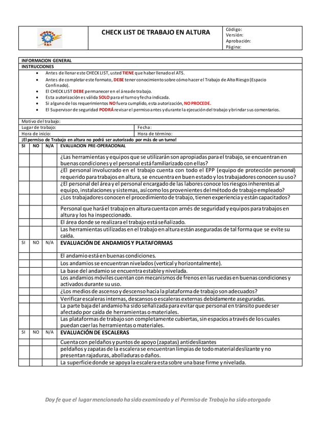 FT - Formato de checklist de trabajo en 